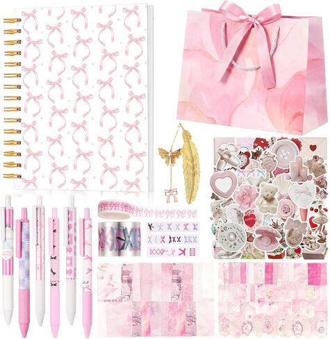 Tenceur DIY Journal Diary Pack Scrapbook Kit Stationery Diary Supplies Cute Pink Preppy Bow Coquette Notebook Journal Art Crafts Kit for Birthday Holidays Ideal Gifts for Women Teen Girls in Kuwait