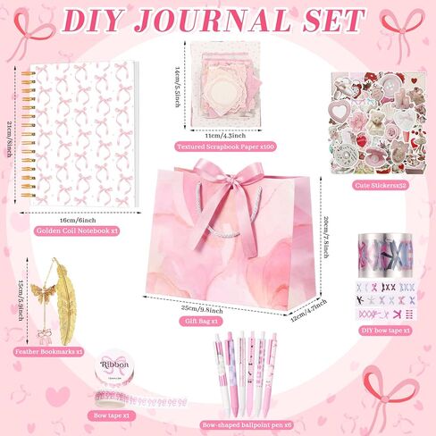 Tenceur DIY Journal Diary Pack Scrapbook Kit Stationery Diary Supplies Cute Pink Preppy Bow Coquette Notebook Journal Art Crafts Kit for Birthday Holidays Ideal Gifts for Women Teen Girls in Kuwait