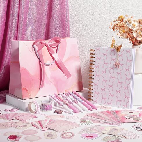 Tenceur DIY Journal Diary Pack Scrapbook Kit Stationery Diary Supplies Cute Pink Preppy Bow Coquette Notebook Journal Art Crafts Kit for Birthday Holidays Ideal Gifts for Women Teen Girls in Kuwait