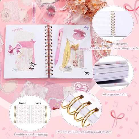 Tenceur DIY Journal Diary Pack Scrapbook Kit Stationery Diary Supplies Cute Pink Preppy Bow Coquette Notebook Journal Art Crafts Kit for Birthday Holidays Ideal Gifts for Women Teen Girls in Kuwait