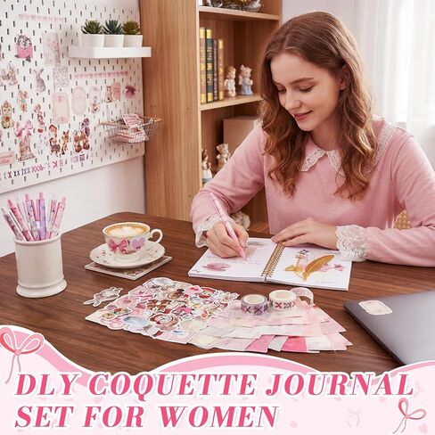 Tenceur DIY Journal Diary Pack Scrapbook Kit Stationery Diary Supplies Cute Pink Preppy Bow Coquette Notebook Journal Art Crafts Kit for Birthday Holidays Ideal Gifts for Women Teen Girls in Kuwait