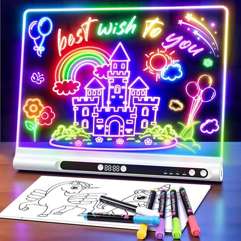 16“ Rechargeable LED Drawing Board, 9-Color Light Modes with Timer & Built-in Stand, Neon Art Dry Erase Glow Up Doodle Note Pad, Sketching Gift Toy for Kids/Girls/Teens, 6 Markers & Tracing Book in Kuwait