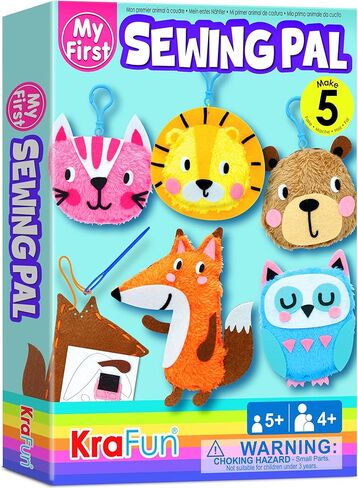 KRAFUN My First Sewing Animal للأطفال، الفنون والحرف المبتدئة، 5 أنشطة سهلة دمى الحيوانات المحشوة، سحر حلقة المفاتيح، تعليمات ومواد لباد لتعلم الخياطة والتطريز in Kuwait