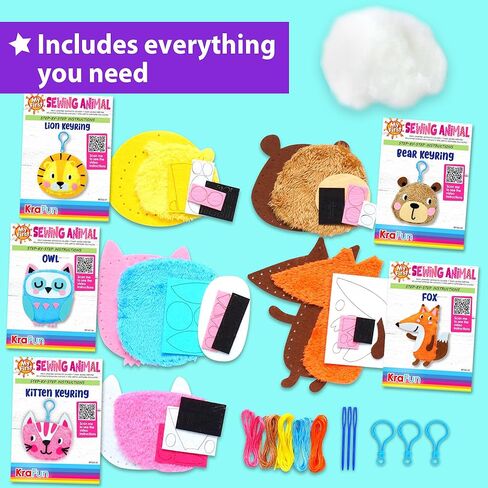KRAFUN My First Sewing Animal للأطفال، الفنون والحرف المبتدئة، 5 أنشطة سهلة دمى الحيوانات المحشوة، سحر حلقة المفاتيح، تعليمات ومواد لباد لتعلم الخياطة والتطريز in Kuwait