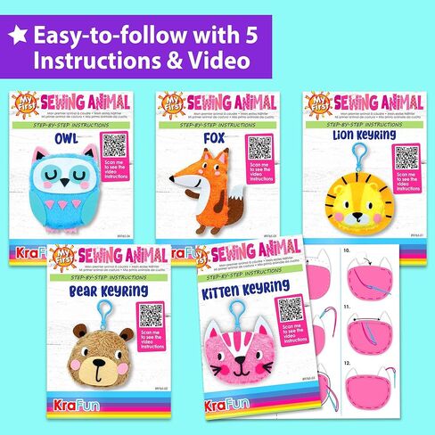 KRAFUN My First Sewing Animal للأطفال، الفنون والحرف المبتدئة، 5 أنشطة سهلة دمى الحيوانات المحشوة، سحر حلقة المفاتيح، تعليمات ومواد لباد لتعلم الخياطة والتطريز in Kuwait