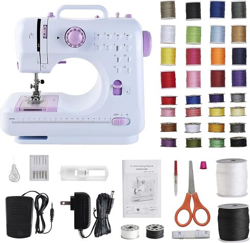 Sewing Machine for Beginners & Kids, Mini Portable Sewing Machines with 12 Built-in Stitch Patterns, 2-Speed Foot Pedal, Perfect for Teaching Daughter Granddaughter to Sew(Purple White) in Kuwait