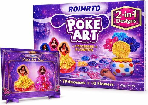 RGIMRTO Poke Art Craft Kit for Kids, 2-in-1 7 Princess +10 Flowers Craft Set with Display Board, Mess Free Craft Activity Birthday Gift for Girls Ages 4, 5, 6, 7, 8, 9, in Kuwait