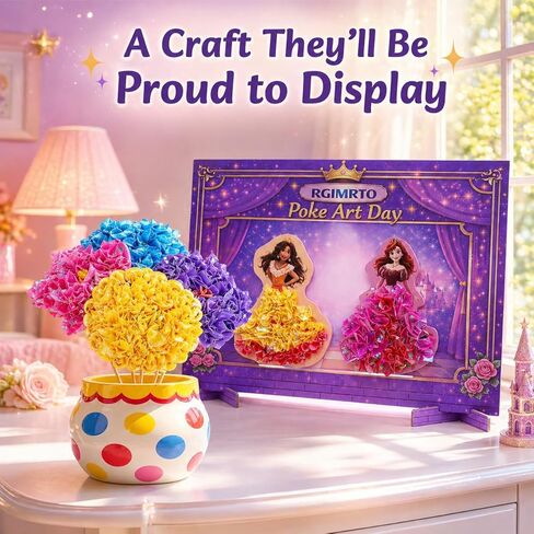 RGIMRTO Poke Art Craft Kit for Kids, 2-in-1 7 Princess +10 Flowers Craft Set with Display Board, Mess Free Craft Activity Birthday Gift for Girls Ages 4, 5, 6, 7, 8, 9, in Kuwait