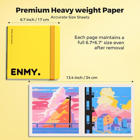 ENMY Acrylic Marker Sketch Pad, 6.7×6.7 Bleed-Proof Marker Paper,140lb/300gsm Heavyweight Sketchbook, 30 Sheets Drawing Pad Glue-Bound with Hard Backing for Artists, Students (L 17×17 cm) in Saudi Arabia