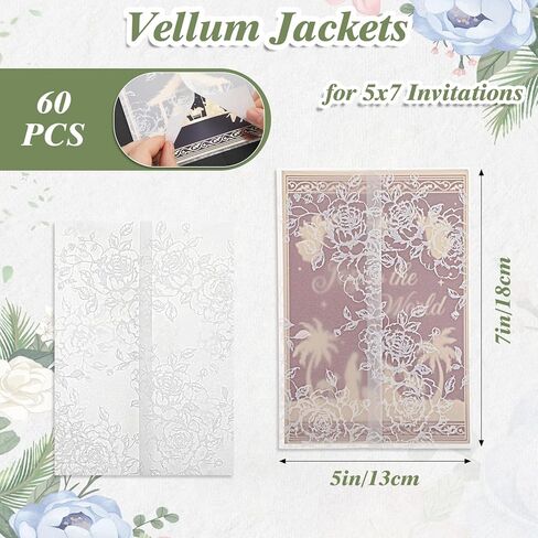 Prudiut 60 Pack Floral Vellum Jackets for 5x7 Invitations, Pre-Folded 115GSM Translucent Paper, Thick Vellum Paper Wraps for Wedding Invitation Baby Bridal Shower Birthday Party Events in Kuwait