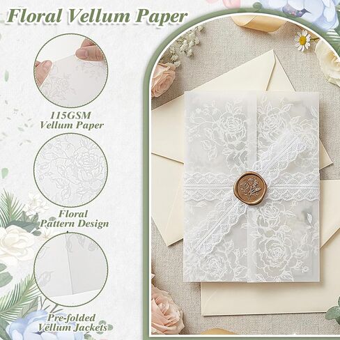Prudiut 60 Pack Floral Vellum Jackets for 5x7 Invitations, Pre-Folded 115GSM Translucent Paper, Thick Vellum Paper Wraps for Wedding Invitation Baby Bridal Shower Birthday Party Events in Kuwait