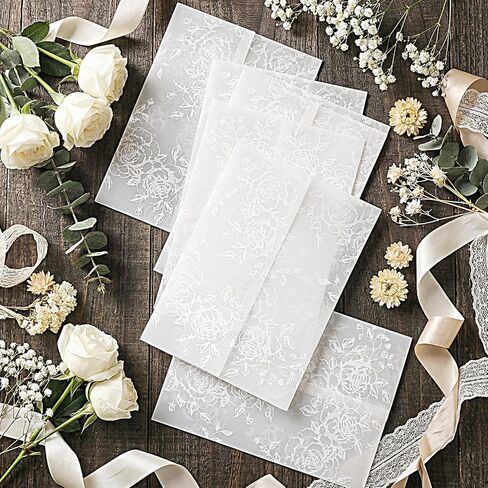 Prudiut 60 Pack Floral Vellum Jackets for 5x7 Invitations, Pre-Folded 115GSM Translucent Paper, Thick Vellum Paper Wraps for Wedding Invitation Baby Bridal Shower Birthday Party Events in Kuwait
