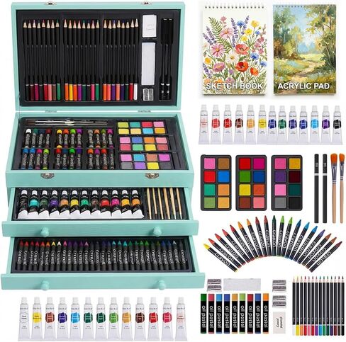 TMOL Art Supplies، مجموعة رسم فنية فاخرة مكونة من 175 قطعة مع لوحتي رسم، ودهانات أكريليك، وأقلام رصاص ملونة، وأقلام تلوين، ومجموعة فنية في علبة خشبية، هدية للفنانين والبالغين والمراهقين والأطفال in Kuwait