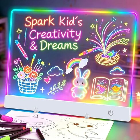 LED Drawing Board for Kids 16-Inch Rechargeable, 9-Color Light Modes, Neon Art Dry Erase Light Up Doodle Glow Pad with Stand, Sketching Birthday Gift Toy for Kids/Girls/Teens, 7 Markers Tracing Book in Kuwait