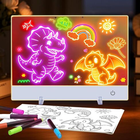 LED Drawing Board for Kids 16-Inch Rechargeable, 9-Color Light Modes, Neon Art Dry Erase Light Up Doodle Glow Pad with Stand, Sketching Birthday Gift Toy for Kids/Girls/Teens, 7 Markers Tracing Book in Kuwait