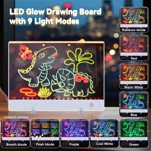 LED Drawing Board for Kids 16-Inch Rechargeable, 9-Color Light Modes, Neon Art Dry Erase Light Up Doodle Glow Pad with Stand, Sketching Birthday Gift Toy for Kids/Girls/Teens, 7 Markers Tracing Book in Kuwait