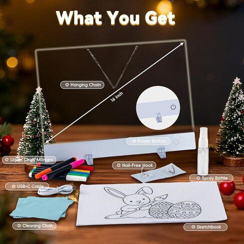 LED Drawing Board for Kids 16-Inch Rechargeable, 9-Color Light Modes, Neon Art Dry Erase Light Up Doodle Glow Pad with Stand, Sketching Birthday Gift Toy for Kids/Girls/Teens, 7 Markers Tracing Book in Kuwait