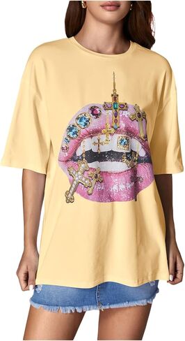 SweatyRocks Women's Y2K Lip Graphic Tees Crew Neck Half Sleeve Oversized T Shirts Streetwear Tops in Saudi Arabia