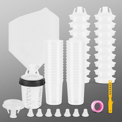 أكواب خلط طلاء صغيرة للاستعمال مرة واحدة سعة 6 أونصة (165 مل) مع غطاء، 30 كوب طلاء، فلتر 125 ميكرون، 2 كوب صلب مع حلقة تثبيت، 20 سدادة، 1 محرك، 1 شريط ختم، 10 مصافي ورق مخروطية in Kuwait