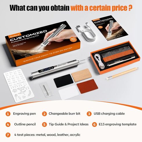 قلم نقش مع ضوء LED، محرك هولوكوب، أداة دوارة لاسلكية قابلة لإعادة الشحن عبر USB للمعادن والخشب والزجاج والبلاستيك، طقم نقش DIY مع 30 قطعة، فضي in Kuwait