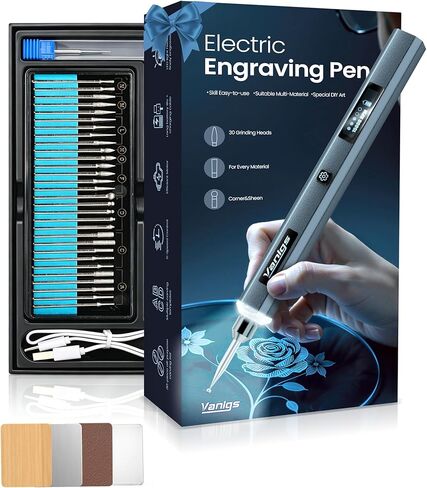 Vanlgs Engraving Pen for Metal Wood Glass Plastic, Engraving Tool with LED Light, 31 Bits, Cordless, 5 Speeds, Rechargeable, Engraver Kit Craft Gifts for for Teens Adults Beginner (Metallic Grey) in Kuwait