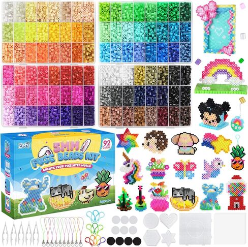 Zefy Fuse Beads Kit 92 Colors 19200 Pcs Melting Beads 5mm, Including 124 Patterns, 6 Pegboards, Ironing Paper, Tweezers & Hooks, Home School Arts and Crafts for Kids, Toys Gifts for Girls and Boys in Kuwait