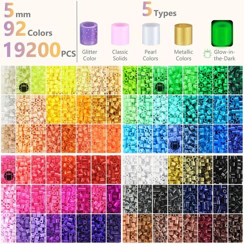 Zefy Fuse Beads Kit 92 Colors 19200 Pcs Melting Beads 5mm, Including 124 Patterns, 6 Pegboards, Ironing Paper, Tweezers & Hooks, Home School Arts and Crafts for Kids, Toys Gifts for Girls and Boys in Kuwait