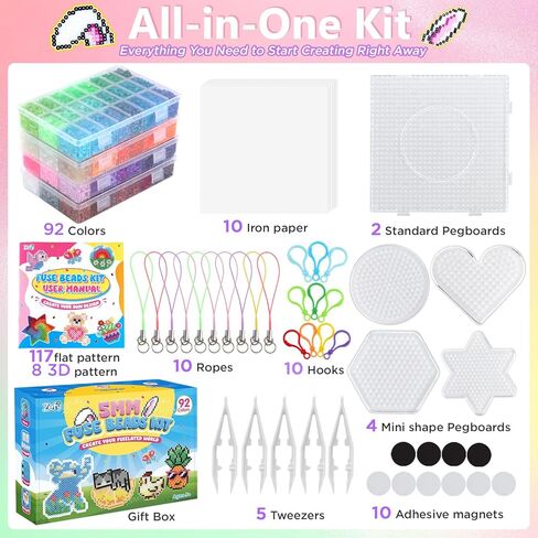 Zefy Fuse Beads Kit 92 Colors 19200 Pcs Melting Beads 5mm, Including 124 Patterns, 6 Pegboards, Ironing Paper, Tweezers & Hooks, Home School Arts and Crafts for Kids, Toys Gifts for Girls and Boys in Kuwait