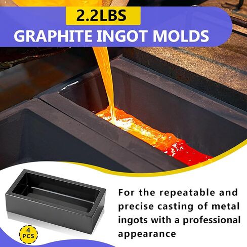 4-Pack 2.2lbs Graphite Ingot Molds(4 x 2 x 1 Inch), High-Purity Casting Molds for Gold, Silver, Copper, Aluminum, and Brass - Heat Resistant Up to 2000 Degrees in Kuwait