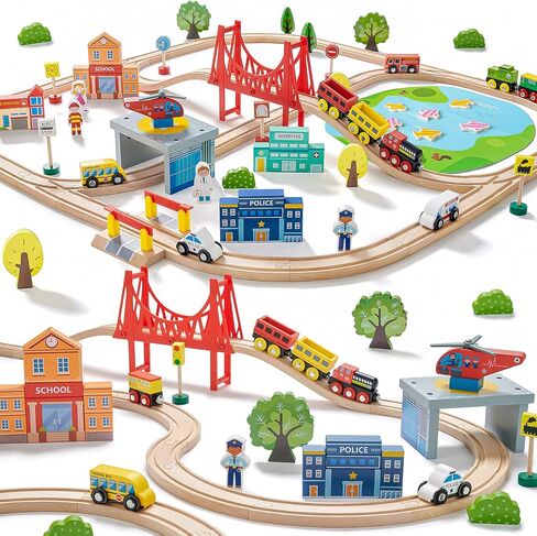 Tiny Land 110PCS Wooden Train Set – Toy Train with Tracks for Kids Ages 3-7, Compatible with Major Brands, Ideal Railway Playset for Boys and Girls, Great Birthday in Kuwait
