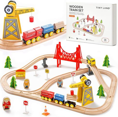 Tiny Land 110PCS Wooden Train Set – Toy Train with Tracks for Kids Ages 3-7, Compatible with Major Brands, Ideal Railway Playset for Boys and Girls, Great Birthday in Saudi Arabia