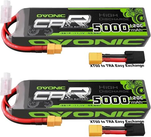 OVONIC 3S LiPo Battery 11.1V 5000mAh 120C with XT60 and TRA Plug Perfect Match RC Car RC Truck Airplane Helicopter Boat Car Racing RC Hobby [6.18''D x 1.81" W x 1.03" H](2 Packs in 1 Package) in Kuwait