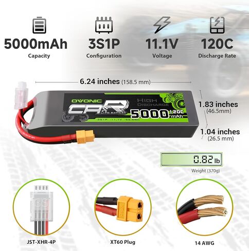 OVONIC 3S LiPo Battery 11.1V 5000mAh 120C with XT60 and TRA Plug Perfect Match RC Car RC Truck Airplane Helicopter Boat Car Racing RC Hobby [6.18''D x 1.81" W x 1.03" H](2 Packs in 1 Package) in Kuwait