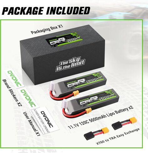 OVONIC 3S LiPo Battery 11.1V 5000mAh 120C with XT60 and TRA Plug Perfect Match RC Car RC Truck Airplane Helicopter Boat Car Racing RC Hobby [6.18''D x 1.81" W x 1.03" H](2 Packs in 1 Package) in Kuwait