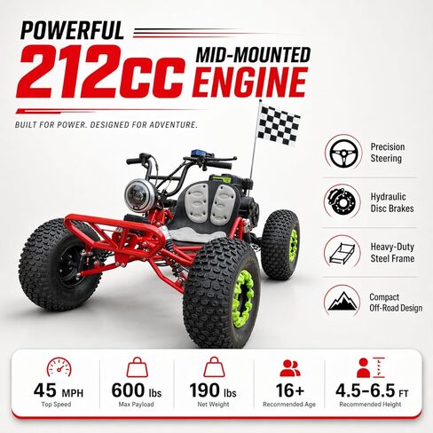 212cc 4-Stroke High-Performance Off-Road Go Kart with CVT, Hydraulic Disc Brakes, Electric & Pull Start, Neutral/Forward/Reverse, 8" All-Terrain Tires, LED Headlight-red in Kuwait