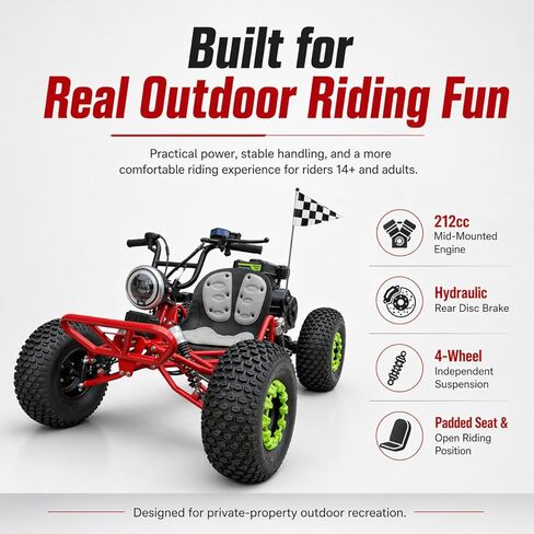 212cc 4-Stroke High-Performance Off-Road Go Kart with CVT, Hydraulic Disc Brakes, Electric & Pull Start, Neutral/Forward/Reverse, 8" All-Terrain Tires, LED Headlight-red in Kuwait