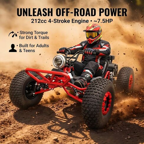 212cc 4-Stroke High-Performance Off-Road Go Kart with CVT, Hydraulic Disc Brakes, Electric & Pull Start, Neutral/Forward/Reverse, 8" All-Terrain Tires, LED Headlight-red in Kuwait