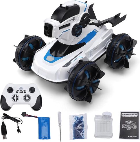 Drfeify 2.4G 1/12 Scale Amphibious RC Tank, Remote Control Vehicle with Water Spray, Beads Launch, Lights and Music (White UK Plug) in Kuwait