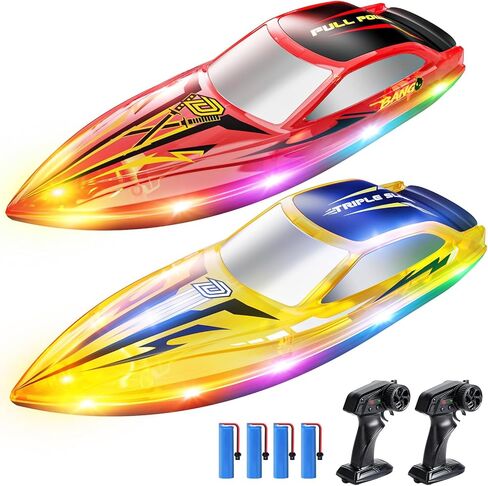DEERC 2-Pack RC Boats للأطفال، قارب سريع للتحكم عن بعد مع بطاريات 4 × 1200 مللي أمبير في الساعة، وقت تشغيل 120 دقيقة، 7 وضع أضواء LED، استرداد الحجم الكبير، سباق 2.4 جيجا هرتز، لعبة حمام السباحة والبحيرة in Kuwait