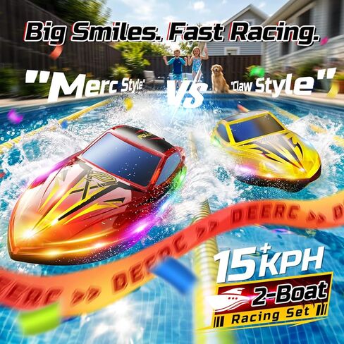 DEERC 2-Pack RC Boats للأطفال، قارب سريع للتحكم عن بعد مع بطاريات 4 × 1200 مللي أمبير في الساعة، وقت تشغيل 120 دقيقة، 7 وضع أضواء LED، استرداد الحجم الكبير، سباق 2.4 جيجا هرتز، لعبة حمام السباحة والبحيرة in Kuwait