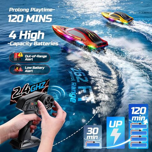 DEERC 2-Pack RC Boats للأطفال، قارب سريع للتحكم عن بعد مع بطاريات 4 × 1200 مللي أمبير في الساعة، وقت تشغيل 120 دقيقة، 7 وضع أضواء LED، استرداد الحجم الكبير، سباق 2.4 جيجا هرتز، لعبة حمام السباحة والبحيرة in Kuwait