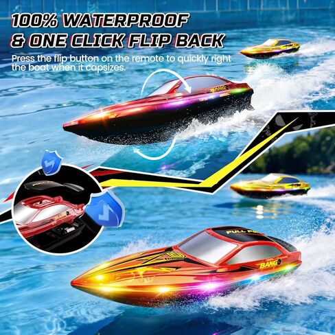 DEERC 2-Pack RC Boats للأطفال، قارب سريع للتحكم عن بعد مع بطاريات 4 × 1200 مللي أمبير في الساعة، وقت تشغيل 120 دقيقة، 7 وضع أضواء LED، استرداد الحجم الكبير، سباق 2.4 جيجا هرتز، لعبة حمام السباحة والبحيرة in Kuwait