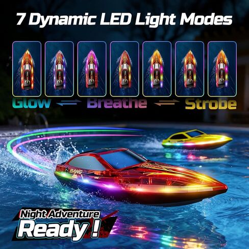 DEERC 2-Pack RC Boats للأطفال، قارب سريع للتحكم عن بعد مع بطاريات 4 × 1200 مللي أمبير في الساعة، وقت تشغيل 120 دقيقة، 7 وضع أضواء LED، استرداد الحجم الكبير، سباق 2.4 جيجا هرتز، لعبة حمام السباحة والبحيرة in Kuwait