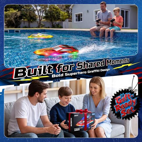 DEERC 2-Pack RC Boats للأطفال، قارب سريع للتحكم عن بعد مع بطاريات 4 × 1200 مللي أمبير في الساعة، وقت تشغيل 120 دقيقة، 7 وضع أضواء LED، استرداد الحجم الكبير، سباق 2.4 جيجا هرتز، لعبة حمام السباحة والبحيرة in Kuwait