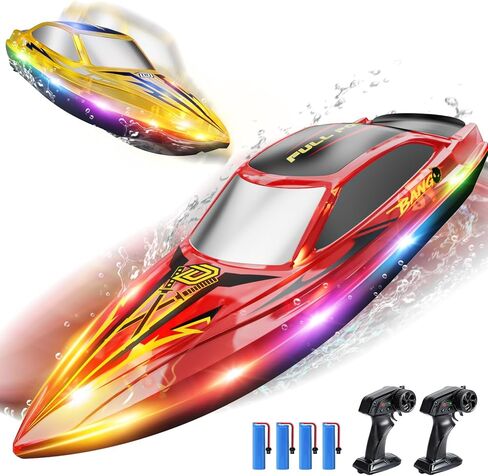 DEERC 2-Pack RC Boats للأطفال، قارب سريع للتحكم عن بعد مع بطاريات 4 × 1200 مللي أمبير في الساعة، وقت تشغيل 120 دقيقة، 7 وضع أضواء LED، استرداد الحجم الكبير، سباق 2.4 جيجا هرتز، لعبة حمام السباحة والبحيرة in Kuwait