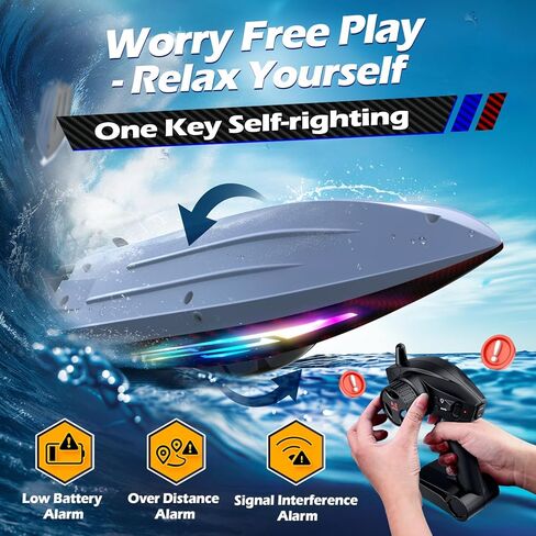RC Boat for Kids Adults, Fast Remote Control Boat for Pool, Lakes with 30+KPH, 7 LED Lights,Self-Righting,Water Cooling,Fully Waterproof Hull,Demo,Rechargeable Battery,2.4GHz RC Boats Summer Toys in Kuwait