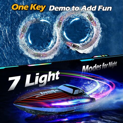 RC Boat for Kids Adults, Fast Remote Control Boat for Pool, Lakes with 30+KPH, 7 LED Lights,Self-Righting,Water Cooling,Fully Waterproof Hull,Demo,Rechargeable Battery,2.4GHz RC Boats Summer Toys in Kuwait