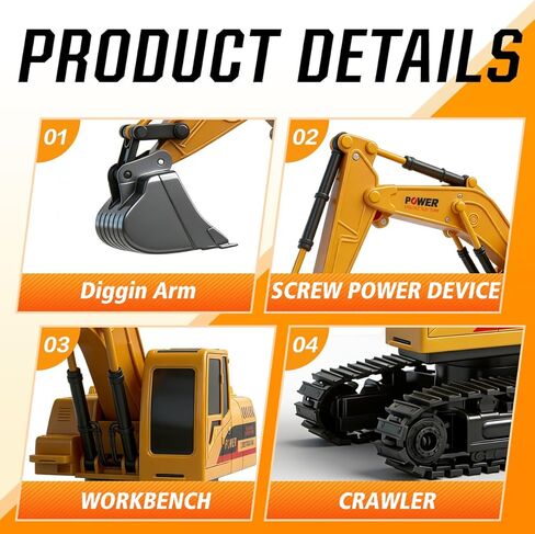 RC Hydraulic Excavator Toy, 6-Channel Remote Control Excavator with Metal Shovel & Lights, 360° Rotation Mini Excavator, RC Construction Vehicles Digger Toy for Boys 3-8 in Kuwait