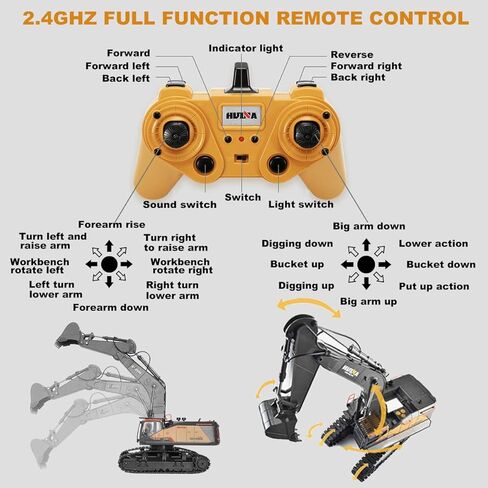 BNAM Remote Control Excavator Toy 1/14 Scale RC Excavator, 22 Channel Upgrade Full Functional Construction Vehicles Rechargeable RC Truck with Metal Shovel and Lights Sounds Best for Kids 3-15 in Kuwait