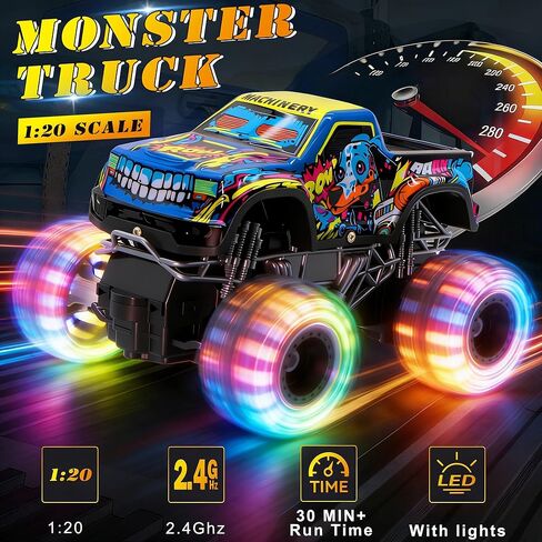 Remote Control Monster Truck Toys for Kids, 1:20 Scale 2.4GHz RC Car with Lights, All Terrain Rechargeable RC Truck with 2 Rechargeable Batteries, Toy Gift Birthday Christmas for Boys Girls Toddlers in Kuwait